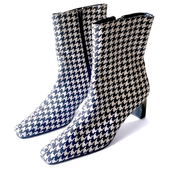 BLACK/WHITE HOUNDSTOOTH Square Toe Boots 6M Low Heel Side Zip Preppy Retro NWOT - Picture 4 of 13